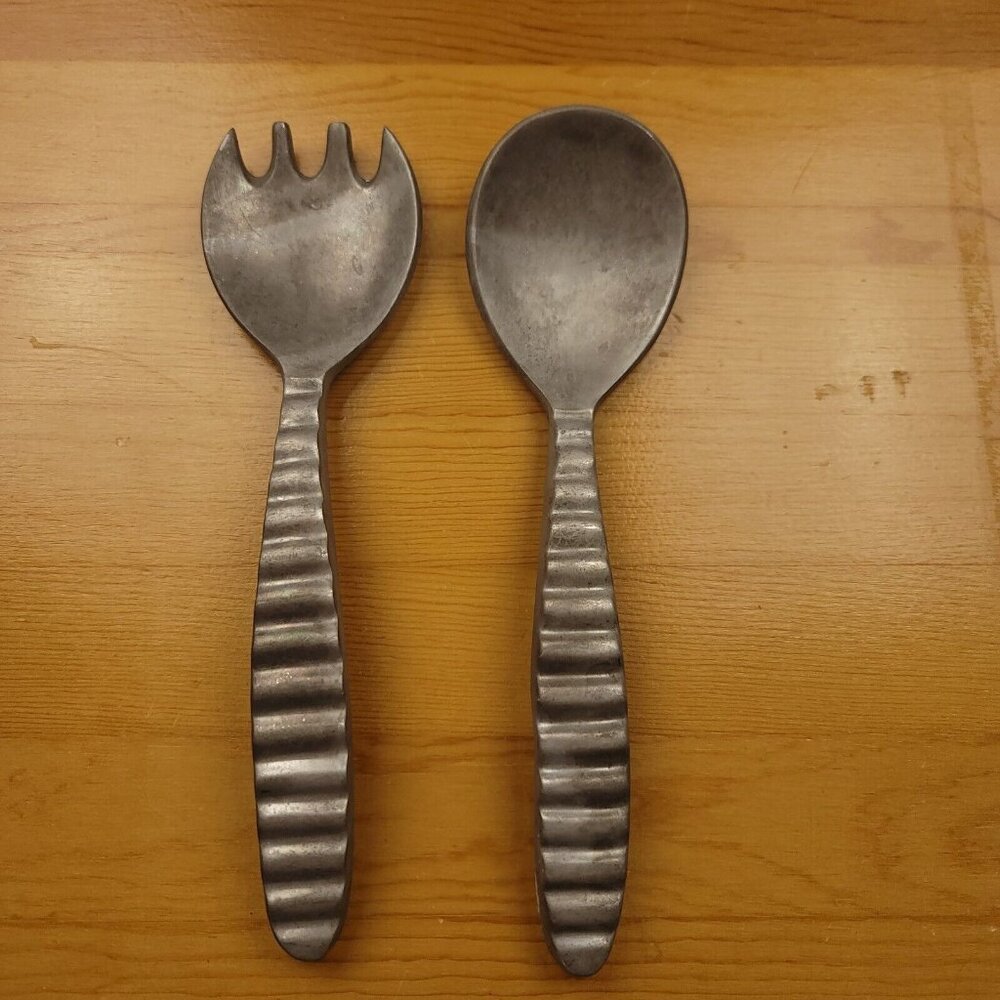 Vintage Cast Aluminum Salad Serving Set Spoon Fork 90s Modern‎ 10.5 In